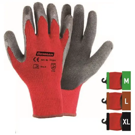 9''/L piros poliészter kesztyű kötött bélés, fekete latex tenyér, Szuper ajánlat