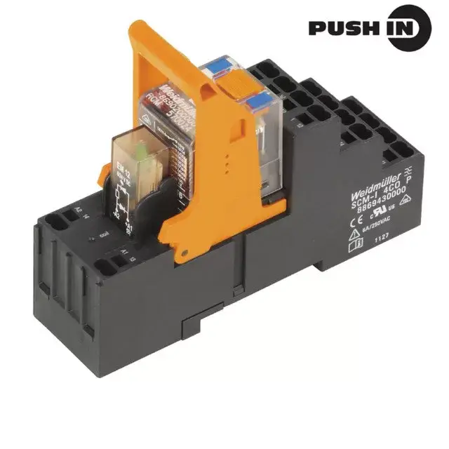 Weidmüller 8921120000 RCMKITP-I 24VDC 4CO LD, Komplett relé 4 váltóérintkező (CO) AgNi 90/10,vizsgálógombbal, 24V DC vezérlőfeszültség, 6A folytonos áram, push in (Riderseries) Árcsökkenés