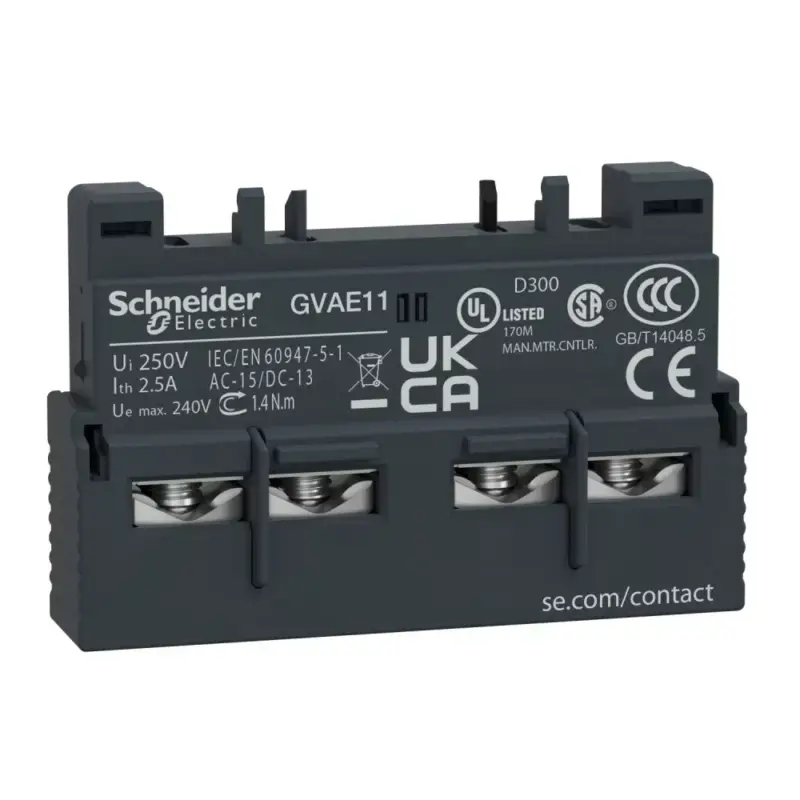 Biztonságos fizetés Schneider GVAE11 segédérintkező blokk, homloklapi, 1 Záró + 1 Nyitó, csavaros csatlakozás, GV motorvédőkhöz (Schneider GVAE11)