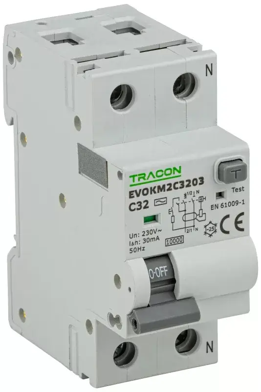 Biztonságos fizetés Tracon EVOKM2C2003 Áramvédős kismegszakító (Kombi Fi-relé) 1P+N, C karakterisztika, 20A, 30mA, 6kA, AC osztály, 2 modul