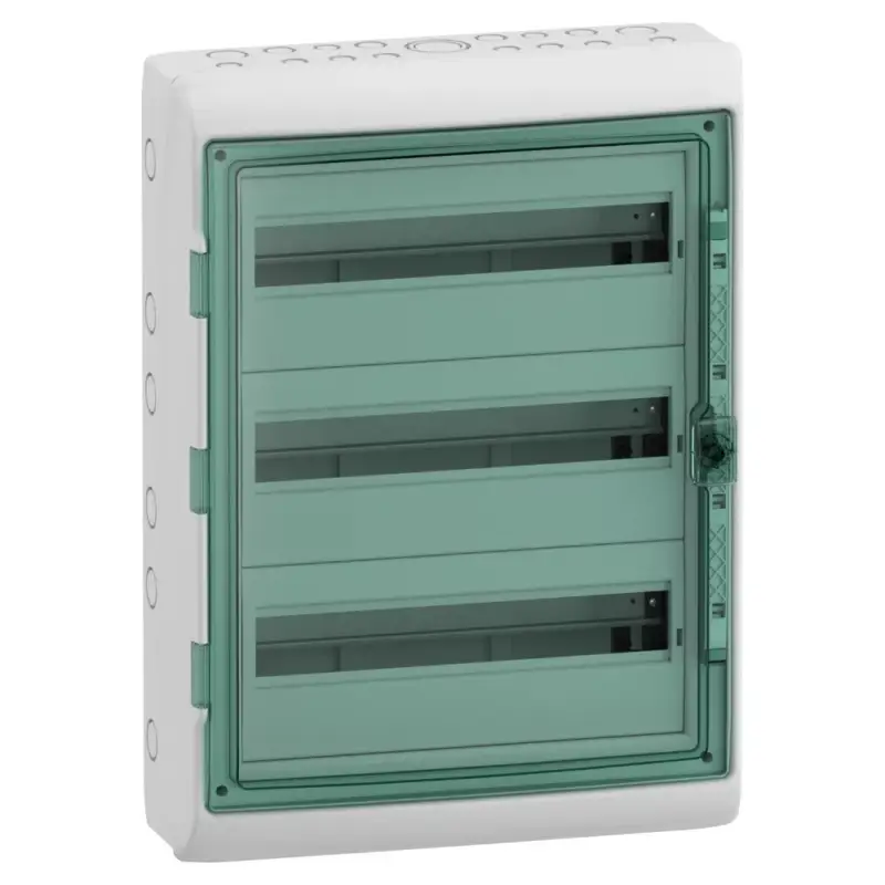 Ne maradj le Schneider 13436 Kaedra vízálló kiselosztók 54 modul, 3 sor, átlátszó zöld ajtóval, IP65, falon kívüli