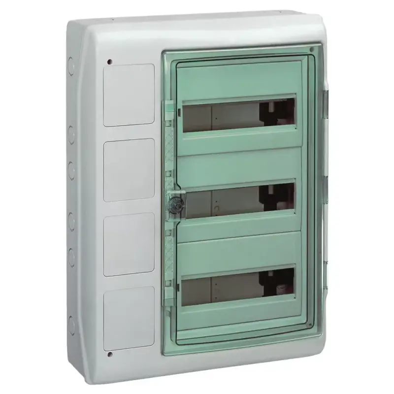 Gyors kiszállítás Schneider 13440 Kaedra vízálló kiselosztók 36 modul, 3 sor, 4 db 90x100 mm-es níylással, átlátszó zöld ajtóval, IP65, falon kívüli