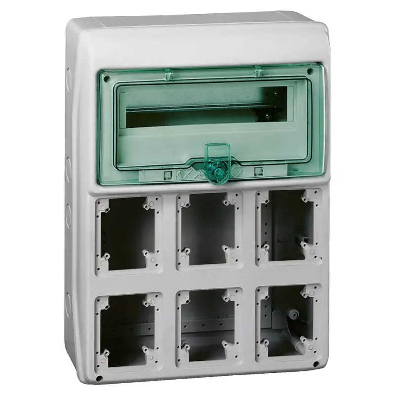 Kedvezményes ár Schneider 13181 Kaedra vízálló kiselosztók 13 modul, 1 sor, 6 db 90x100 mm-es níylással, átlátszó zöld ajtóval, IP65, falon kívüli