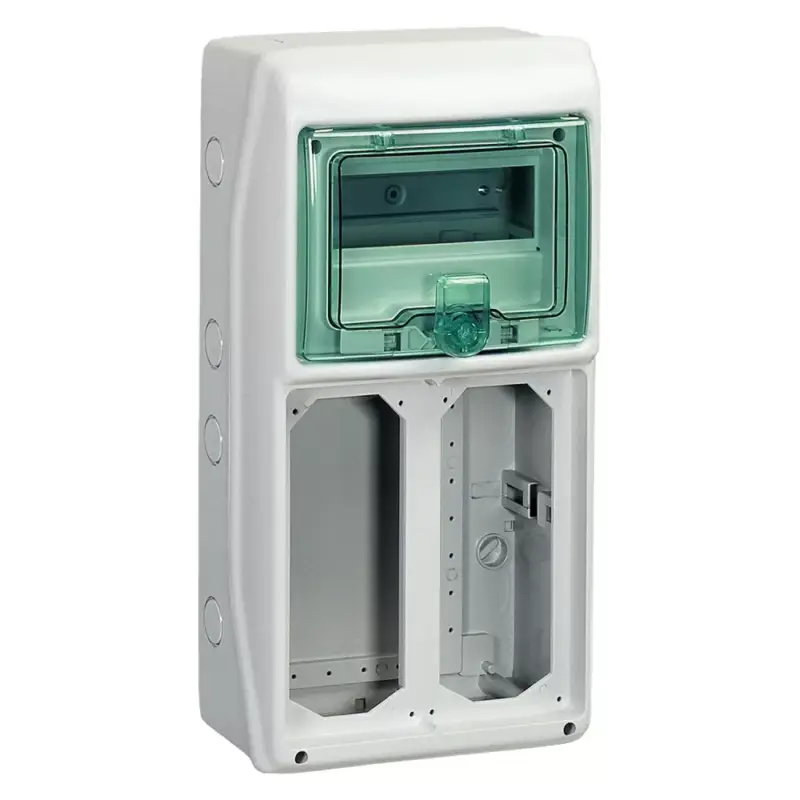 Schneider 13186 Kaedra vízálló kiselosztók 8 modul, 1 sor, 2 db 103x225 mm-es níylással, átlátszó zöld ajtóval, IP65, falon kívüli Csak ma