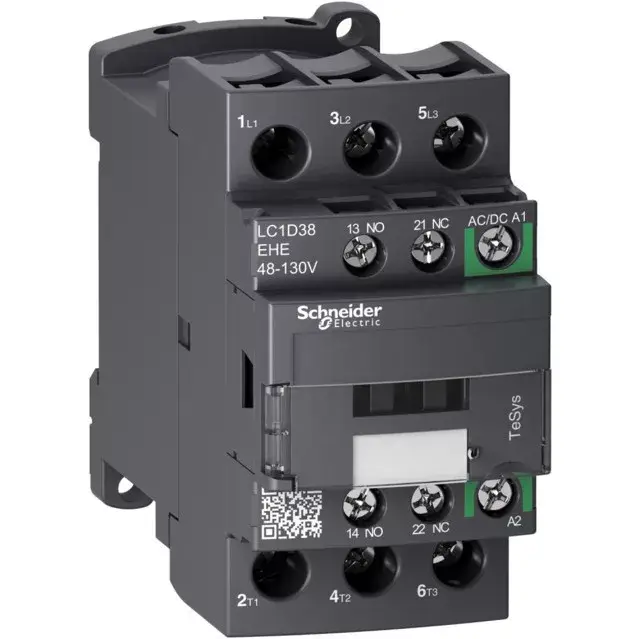 Schneider LC1D38EHE, Tesys D Green mágneskapcsoló, 18.5kW/38A (400V, AC3), 48..130V AC/DC vezerlés, 1Z+1Ny, csavaros csatlakozás Szuper akció