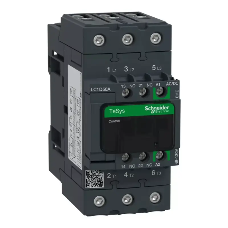 Kiárusítás Schneider LC1D50AEHE, Tesys D Green mágneskapcsoló, 22kW/50A (400V, AC3), 48..130V AC/DC vezerlés, 1Z+1Ny, csavaros csatlakozás