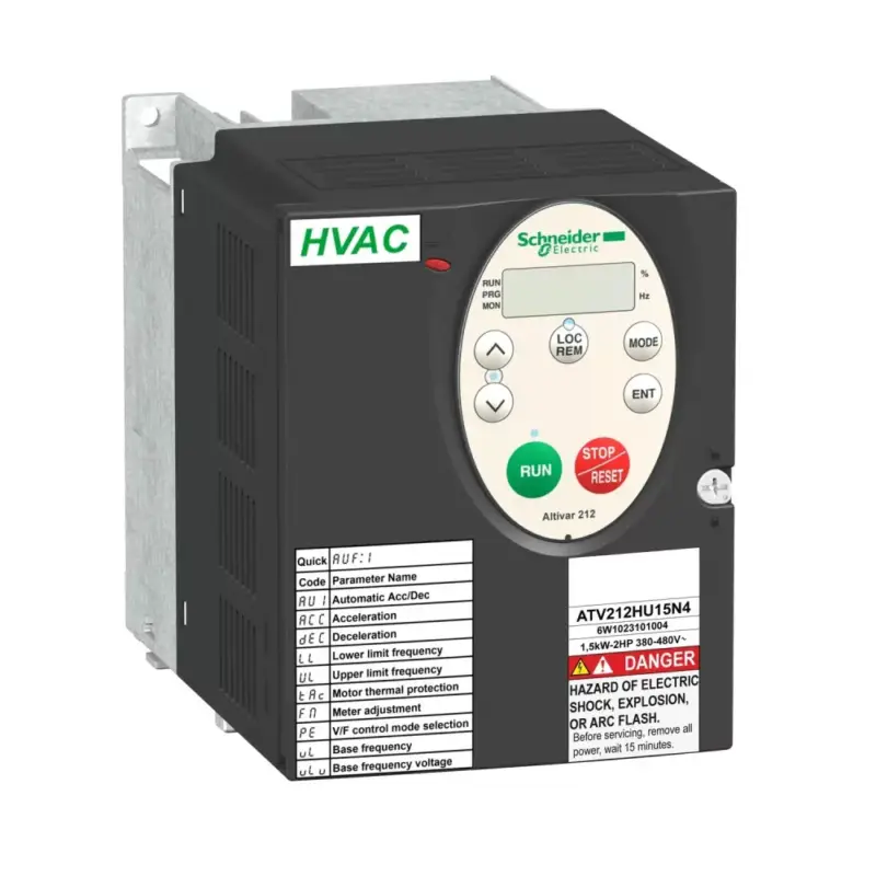 Schneider ATV212HU15N4 frekvenciaváltó 1,5 kW, 3 fázis, 380..480V AC, C2 osztályú EMC szűrővel, IP21 (Altivar 212 épületes alkalmazásokra) Vedd meg most