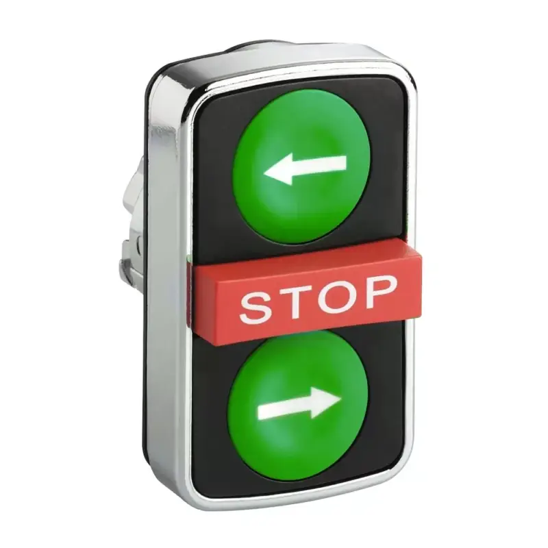 Schneider ZB4BA73133 Harmony fém kettősfejű nyomógomb fej, Ø22, visszatérő, 1-1 zöld jobb/bal nyíl nyomógomb, piros kiemelkedő STOP gomb Legjobb ár