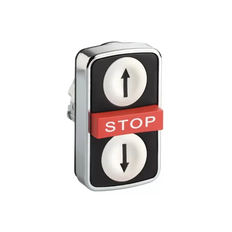 Schneider ZB4BA71124 Harmony fém kettősfejű nyomógomb fej, Ø22, visszatérő, 1-1 fehér/fekete fel/le nyíl nyomógomb, piros kiemelkedő STOP Legjobb ár