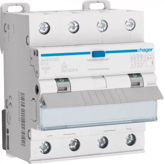 Alacsony ár Hager ADX413D Áramvédős kismegszakító 3P+N, B-13A, 30mA, 10kA, A