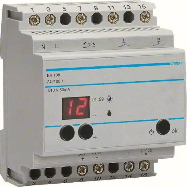 Azonnal elérhető Hager EV108 Dimmer master készülék, komfort, programozható, max. 30db EV100 és EV102 vezérlésére, 1-10V kimen