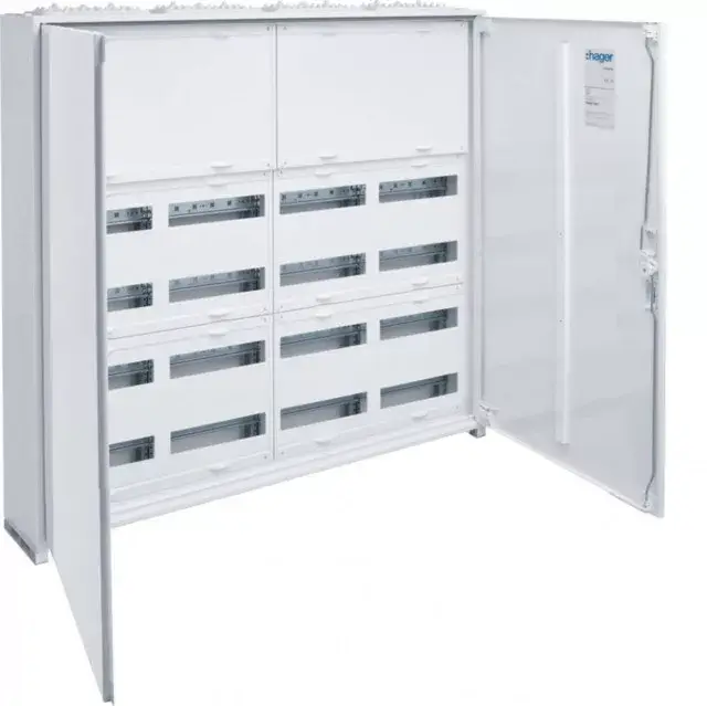 Bestseller Hager Univers FWB64N Fém mezős elosztó 300 mm-es felső sorkapocstakarással, 192 modul, 4 sor, 950x1050x161mm, teli ajtóval, IP44, falon kívüli