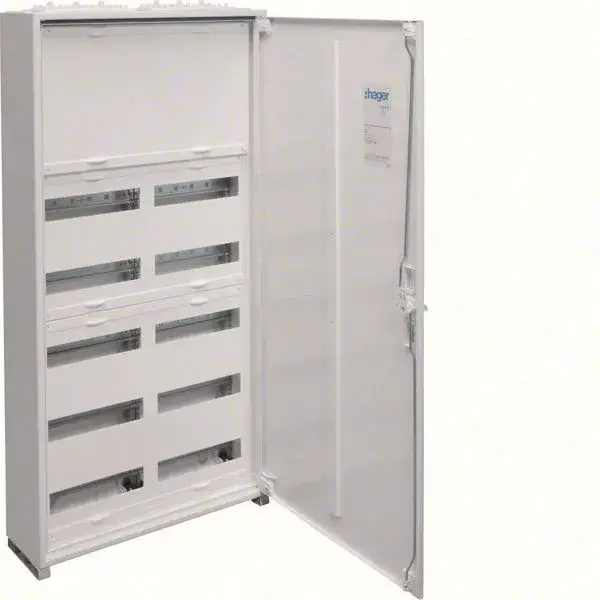 Különleges ajánlat Hager Univers FWB72N Fém mezős elosztó 300 mm-es felső sorkapocstakarással, 120 modul, 5 sor, 1100x550x161mm, teli ajtóval, IP44, falon kívüli