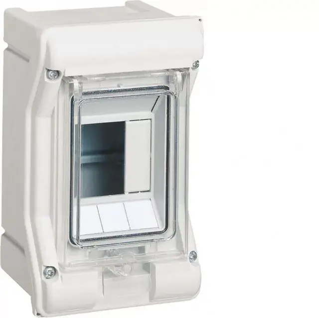 Hager Vector VE103SN UV-álló védett elosztó 3 modul, 1 sor átlátszó ajtóval, IP65, PE és N sín nélkül, falon kívüli, kikönnyített kábelbevezető nélkül, 175x110x93mm Prémium