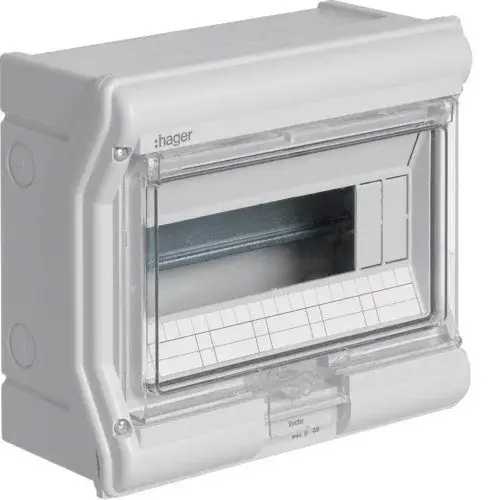 Hager Vector VE110L védett elosztó 10 modul, 1 sor átlátszó ajtóval, IP65, PE és N sínnel, falon kívüli, kikönnyített kábelbevezetővel, 210x236x114mm Expressz szállítás