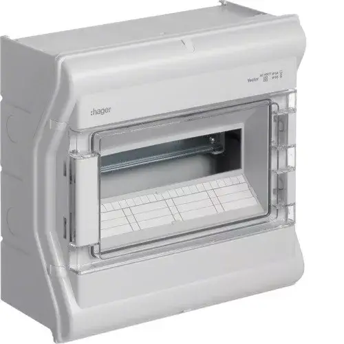 Hager Vector VE112L védett elosztó 12 modul, 1 sor átlátszó ajtóval, IP65, PE és N sínnel, falon kívüli, kikönnyített kábelbevezetővel, 302x310x151mm Expressz kézbesítés