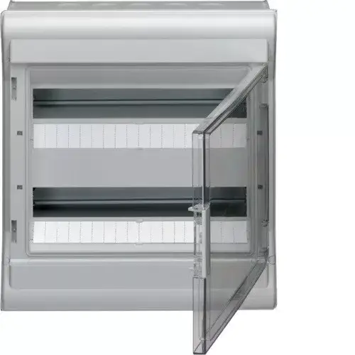 Hager Vector VE212L védett elosztó 24 modul, 2 sor átlátszó ajtóval, IP65, PE és N sínnel, falon kívüli, kikönnyített kábelbevezetővel, 427x310x151mm Utolsó esély