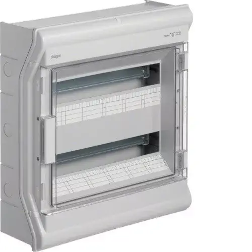 Alacsony ár Hager Vector VE218L védett elosztó 36 modul, 2 sor átlátszó ajtóval, IP65, PE és N sínnel, falon kívüli, kikönnyített kábelbevezetővel, 452x418x151mm