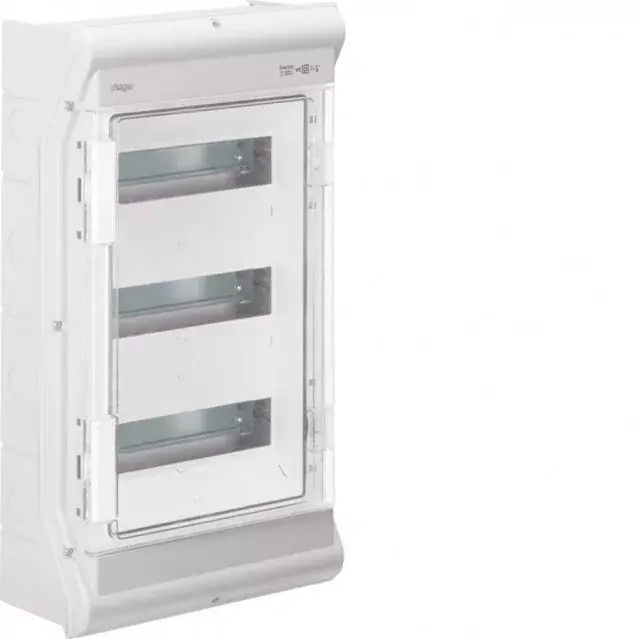 Hager Vector VE312SN UV-álló védett elosztó 36 modul, 3 sor átlátszó ajtóval, IP65, PE és N sín nélkül, falon kívüli, kikönnyített kábelbevezető nélkül, 552x310x151mm Népszerű