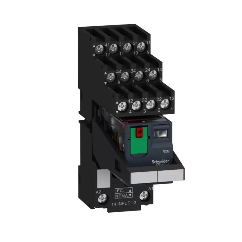 Akció Schneider RXM4AB2B7PVS Zelio RXM miniatűr relé, 4CO, 6A, 24VAC, tesztgomb, LED, elválasztott érintkezőkiosztás