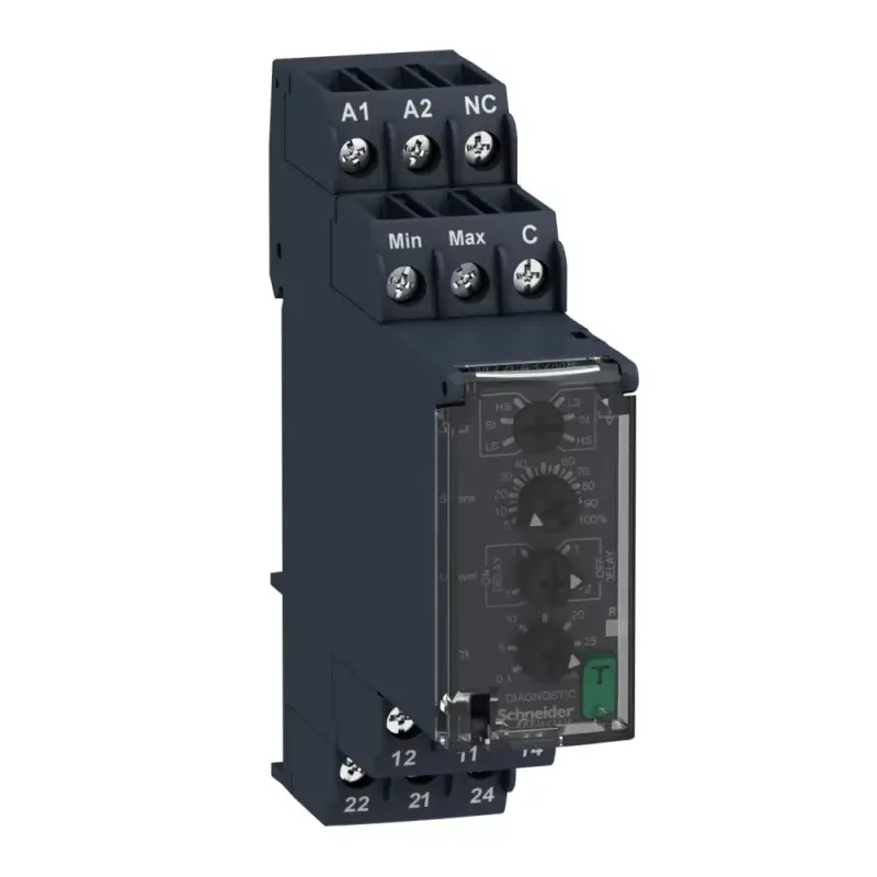 Vedd meg online Schneider RM22LA32MR Zelio Control folyadékszint-figyelő relé, 1CO, 8A, 24…240VAC/DC, mérési tart.:250…1000kOhm