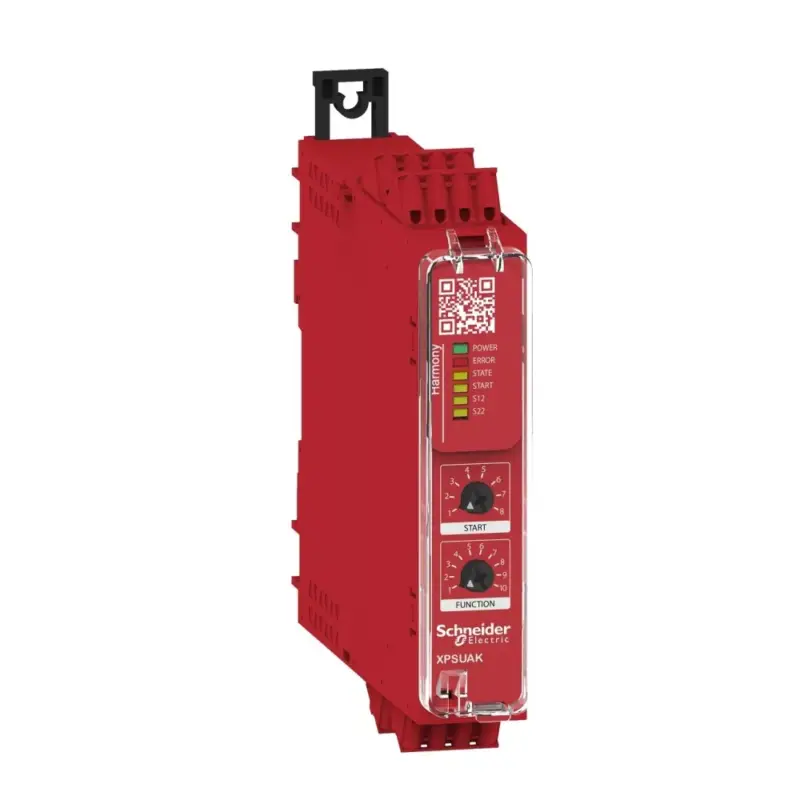 Szezonális akció Schneider XPSUAK32AC Preventa biztonsági relé modul, XSPUAF+bizt. szőnyeg funkció, Cat.4, biztonsági be/ki: 2/3CO, PNP, 48-230VAC/DC, rugós