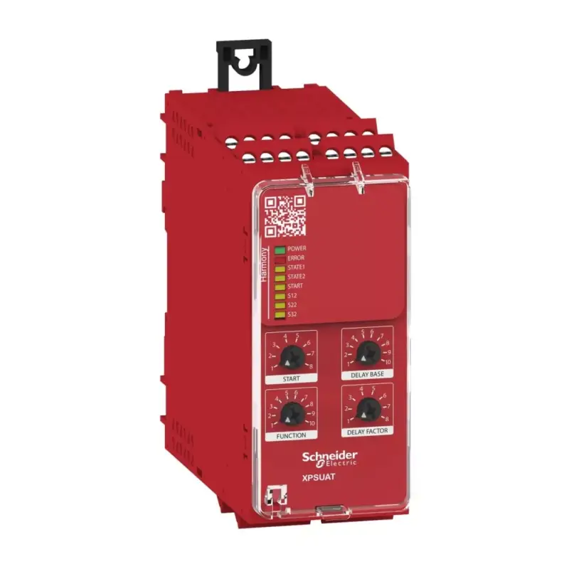 Különleges ajánlat Schneider XPSUAT13A3AP Preventa biztonsági relé modul, XPSUAK+ 1 késleltetett kimenet, Cat.4, biztonsági be/ki: 2/3CO, PNP, 24VAC/DC, csavaros