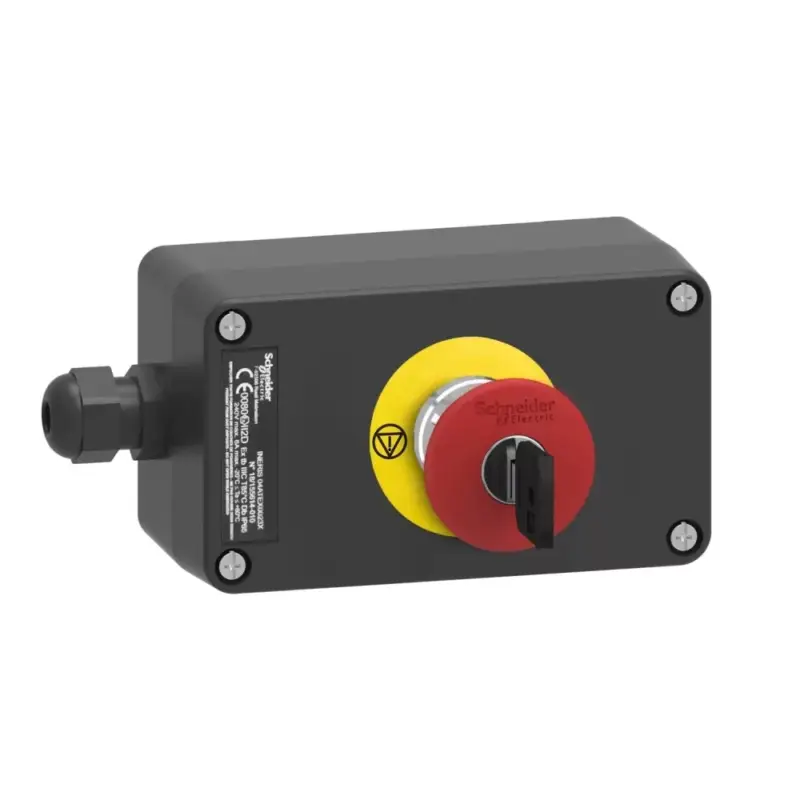 Schneider XAWG188EX Harmony XAWF ATEX D tokozott vészleállító, gombafejű 40mm, kulccsal oldható, műanyag, 2NC, piros Biztonságos fizetés