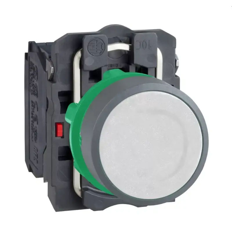 Alacsony ár Schneider XB5AA15C0 Harmony komplett műanyag nyomógomb, Ø22, visszatérő, 1NO+1NC, fehér, szürke körgyűrű