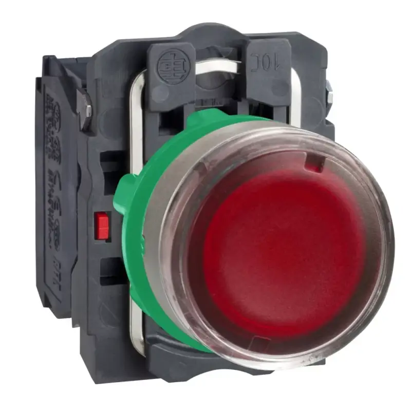 Schneider XB5AW34B5C0 Harmony komplett műanyag LED világító nyomógomb, Ø22, visszatérő, 1NO+1NC, 24VAC/DC, piros, szürke körgyűrű Árcsökkenés