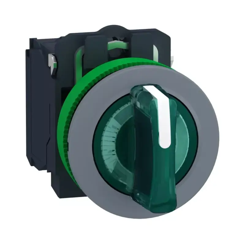Ne maradj le Schneider XB5FK133M5C0 Harmony panelbe süllyesztett komplett műanyag világító kapcsoló, Ø30, 3 állású, 230 VAC, 1NO+1NC, zöld, szürke körgyűrű