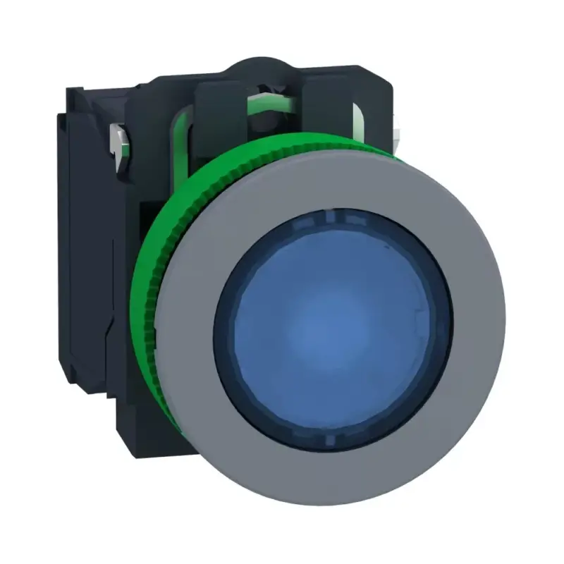 Azonnal elérhető Schneider XB5FW36B5C0 Harmony panelbe süllyesztett komplett műanyag LED világító nyomógomb, Ø30, 1NO, 24VAC/DC, kék, szürke körgyűrű