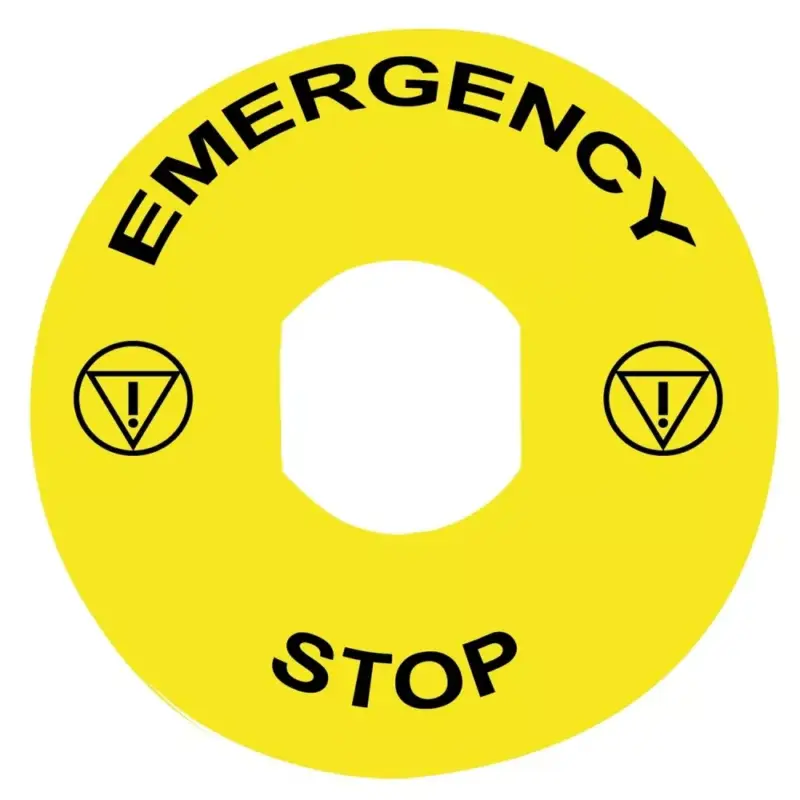 Schneider ZBY8330 Harmony sárga köralakú felirati tábla, Ø90, vészleállítóhoz, logóval, EMERGENCY STOP Rendeld meg most
