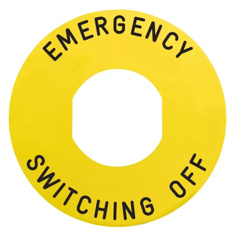 Azonnal elérhető Schneider ZBY9360 Harmony sárga köralakú felirati tábla, Ø60, ZB5AW743 vészkapcsolóhoz, EMERGENCY SWITCHING OFF
