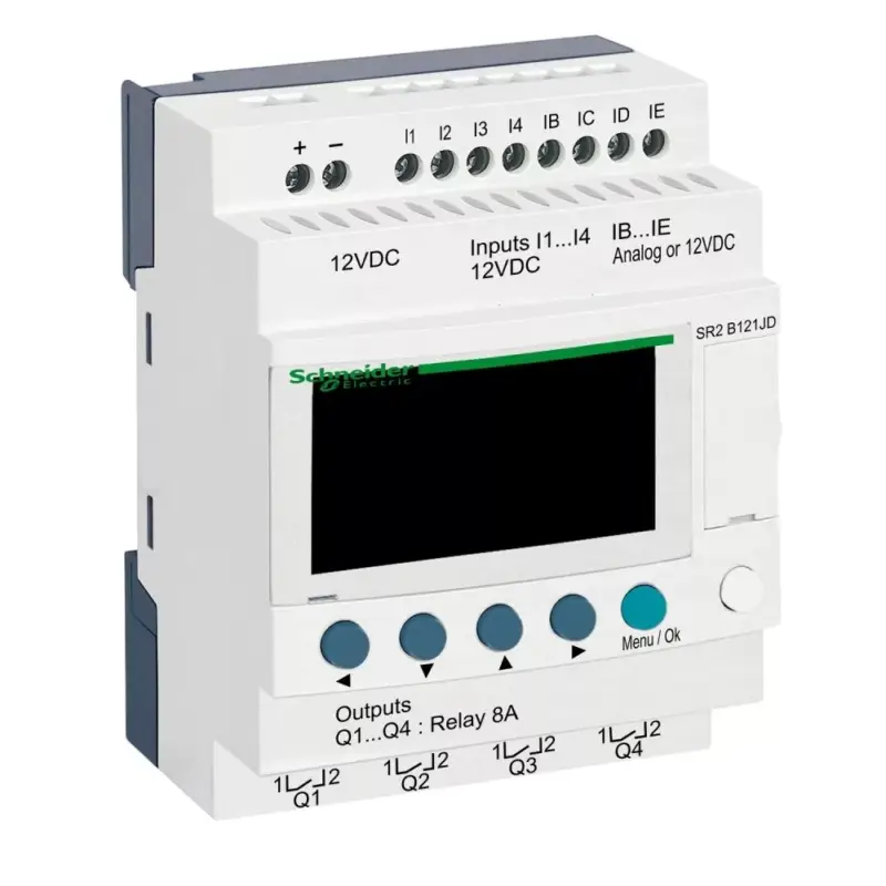 Biztonságos fizetés Schneider SR2B121JD LCD kijelzős, 12 I/O, 4 analóg bemenet, relés, 12VDC