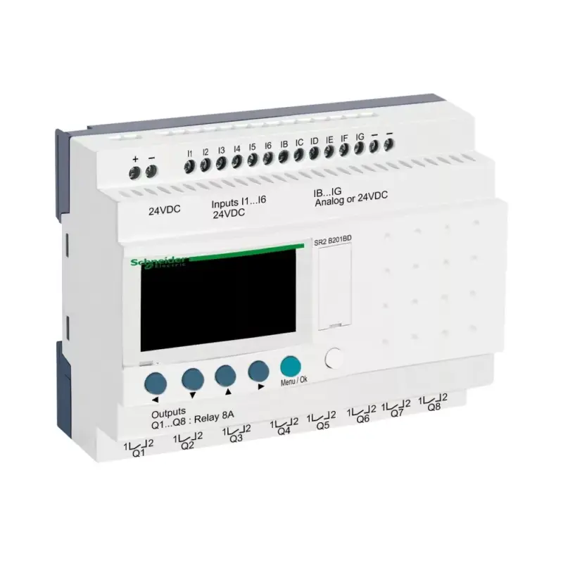 Schneider SR2B201BD LCD kijelzős, 20 I/O, 8 analóg bemenet, relés, óra, 24VDC Bestseller