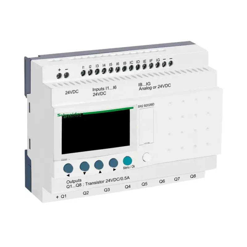 Schneider SR2B202BD LCD kijelzős, 20 I/O, 8 analóg bemenet, tranzisztoros, óra, 24VDC Biztonságos fizetés