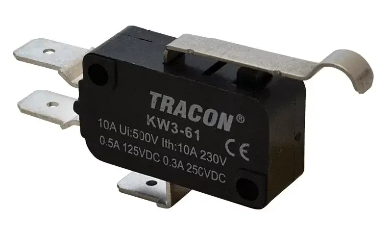 Tracon KW3-61 Helyzetkapcsoló, mikro, íves-rugószár 1×CO 10(3)A/230V, 28mm, 6,3x0,8 mm, IP00 Akció