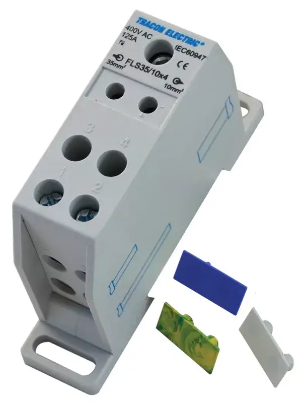 Tracon FLS35/10X4 Fővezetéki leágazó sorkapocs, sínre szerelhető 1×35mm2 / 4×10mm2, 400VAC, 125A, MULTICOLOR Legnépszerűbb