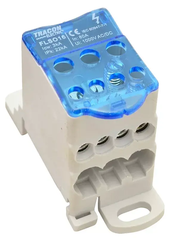 Tracon FLSO16 Fővezetéki leágazó sorkapocs nyitható fedéllel 3×16(16)mm2 / 4×10(6)mm2, 1000VAC/DC, 80A Népszerű