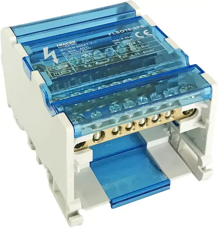 Tracon FLSO16-4P6 Moduláris elosztóblokk nyitható fedéllel 1×16(10) mm2 / 5×10(6) mm2, 500VAC/DC, 80A Expressz kézbesítés