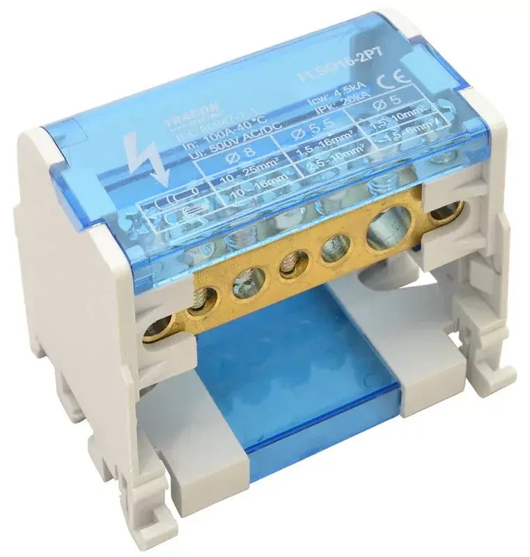 Szuper akció Tracon FLSO25-2P7 Moduláris elosztóblokk nyitható fedéllel 1×25(25)mm2 / 3×10(6)mm2, 3×16(10)mm2, 500VAC/DC, 100A
