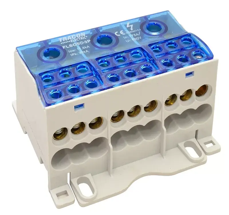 Tracon FLSO50-3P Fővezetéki leágazó sorkapocs nyitható fedéllel 3×1×50(35)mm2 / 3×6×16(10)mm2, 690VAC/DC, 175 A Alacsony ár