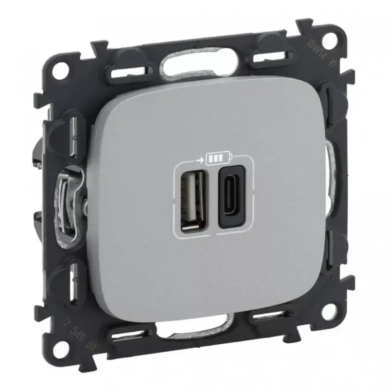 Legrand 754967 Valena Allure Töltőaljzat Kettős USB C-típusú + USB A-típusú csatlakozóval, 5V–3A–15W, Túlfesz-védelem >1kW, Class II SELV, Alumínium ( Legrand 754967 ) Outlet