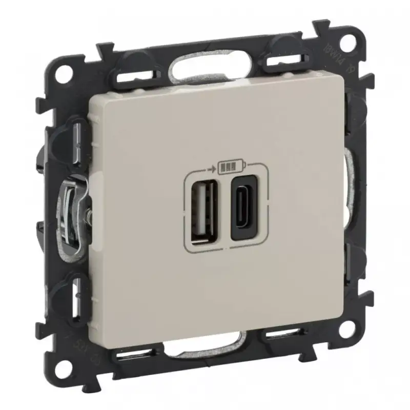 Legrand 753206 Valena Life Töltőaljzat Kettős USB C-típusú + USB A-típusú csatlakozóval, 5V–3A–15W, Túlfesz-védelem >1kW, Class II SELV, Elefántcsont ( Legrand 753206 ) Kihagyhatatlan ajánlat