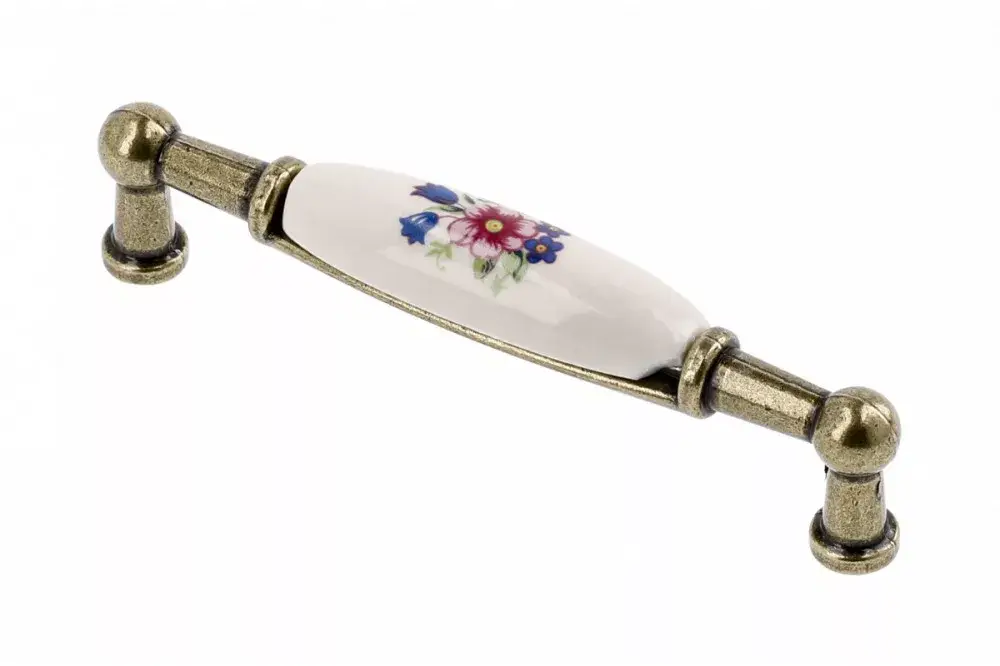 Kedvezmény Porcelán-fém bútorfogantyú, antik bronz-színes virággal, 96 mm furattávval