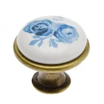 Újdonság Fém-porcelán bútorgomb, bronz talp - kék virág motívummal