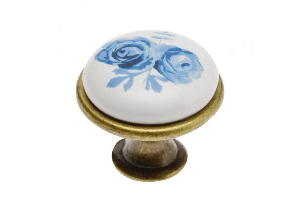 Újdonság Fém-porcelán bútorgomb, bronz talp - kék virág motívummal