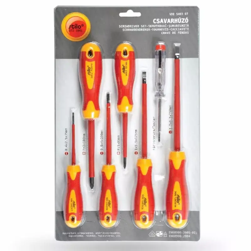 Népszerű STI1041 Stilo Csavarhúzó készlet 1000V, 7db/készlet: 0,4x2,5x75mm+ 1,0x5,5x125mm+ 1,2x6,5x150mm+ 0,8x4,0x100mm+ PZ2x100mm+ PZ1x80mm+fázisceruza, VDE54