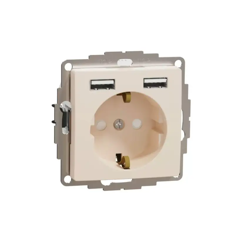 Olcsó ÚJ SEDNA 2P+F csatlakozóaljzat, BZS, kettős USB töltővel, rugós, 16A/2.4A, bézs Schneider SDD112052